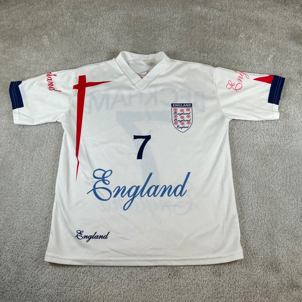 Vintage Y2K England Soccer Jersey Mens S White Beckham 7 Graphic V-Neck Shirt